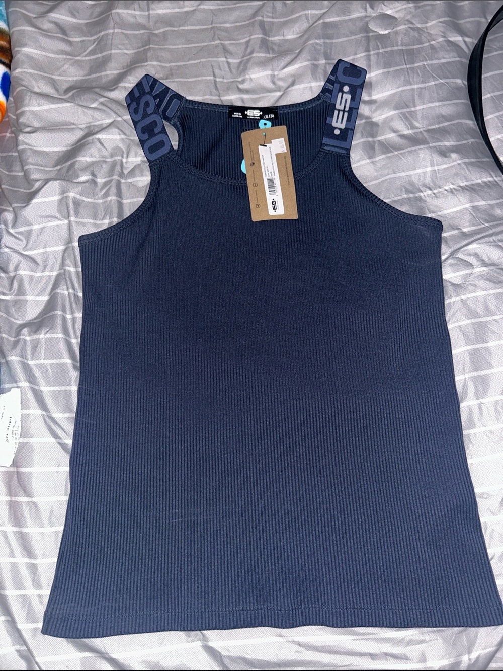 Navy Ribbed Tank Top with Logo Straps